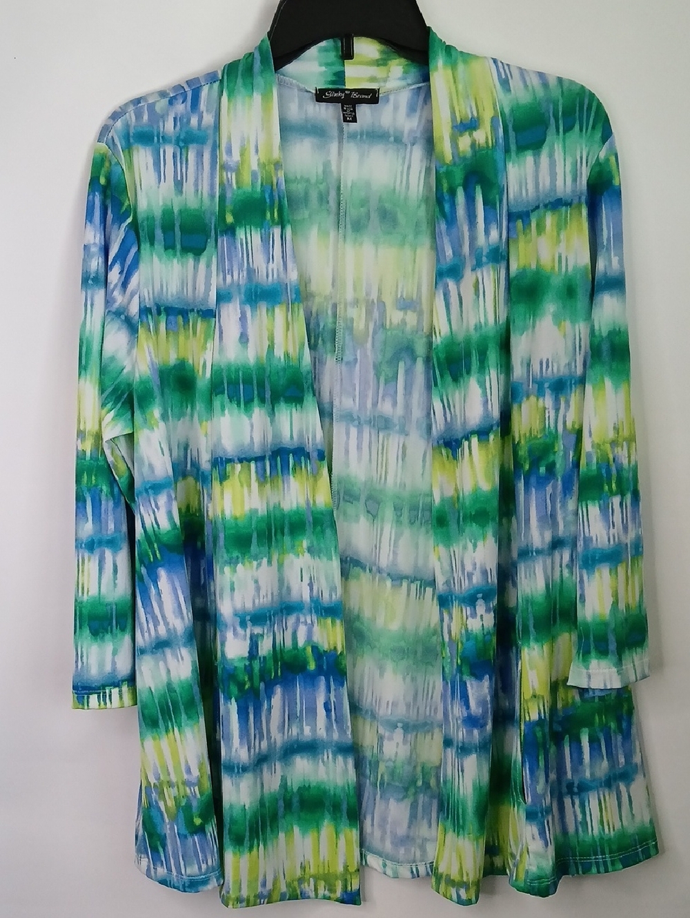 Slinky Brand Blue Green White Watercolor Print Open Cardigan